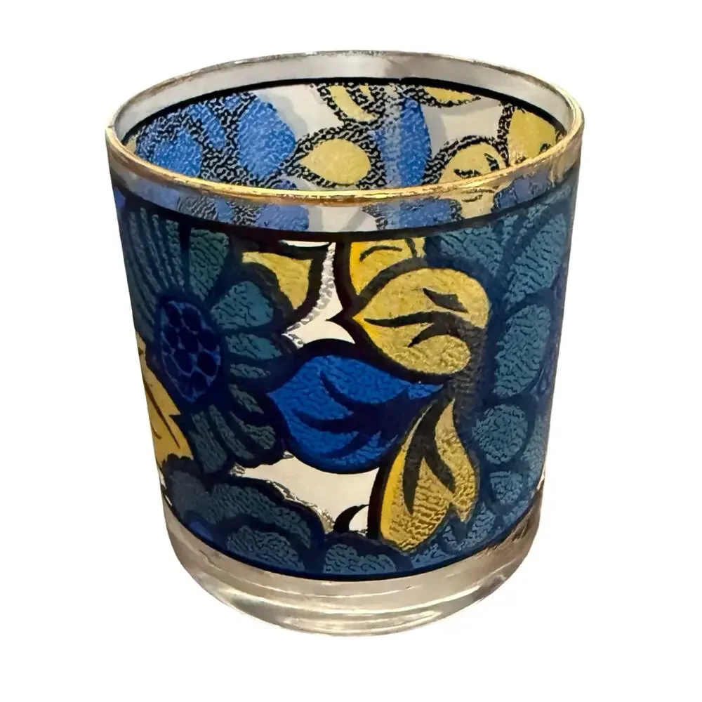 Vintage 1960s CCC Hazel Atlas Blue Yellow Floral Faux Stained Glass Set of 5 - Picture 9 of 16